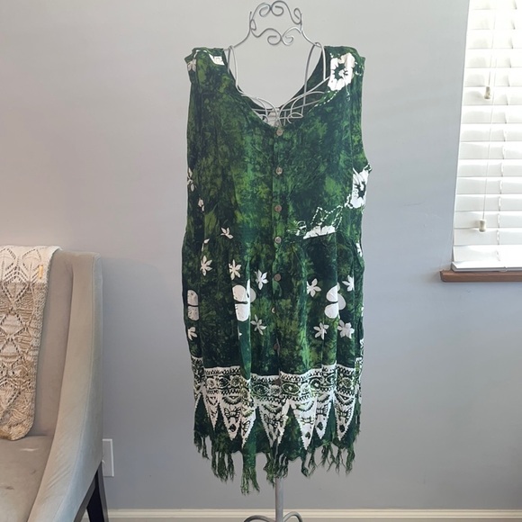 Hawaiian dress cover-up button front sleeveless dress with fringe on hem - Picture 1 of 6